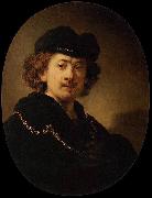 REMBRANDT Harmenszoon van Rijn Self-portrait Wearing a Toque and a Gold Chain painting